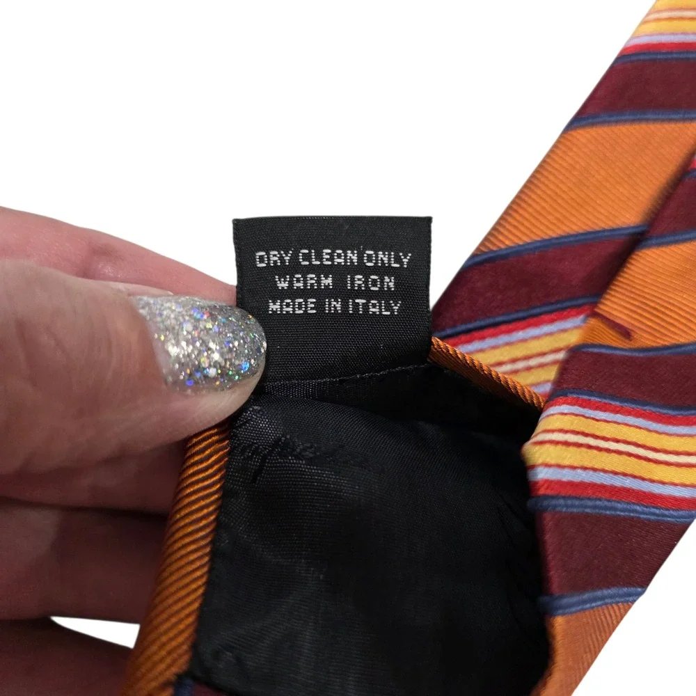 Les Copains Mens Necktie‎ Orange Silk Floral Striped Embroidered Long Luxury